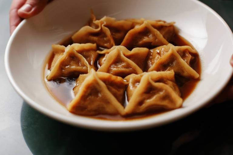 Um prato redondo contendo dumplings em formato triangular, mergulhados em um molho escuro. Os dumplings estão dispostos em uma única camada, com um molho ao redor. As mãos de uma pessoa seguram o prato.