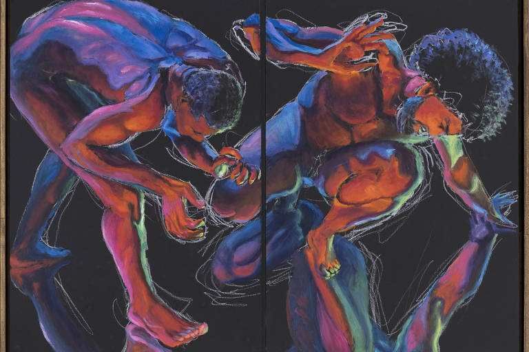 A imagem apresenta uma obra de arte em que duas figuras humanas nuas estão em uma posição de interação dinâmica. As figuras são representadas com cores vibrantes, como azul, laranja e roxo, destacando os contornos e as formas musculares. A composição é simétrica, com as figuras se movendo em direções opostas, criando uma sensação de movimento e energia. O fundo é escuro, o que realça as cores das figuras.