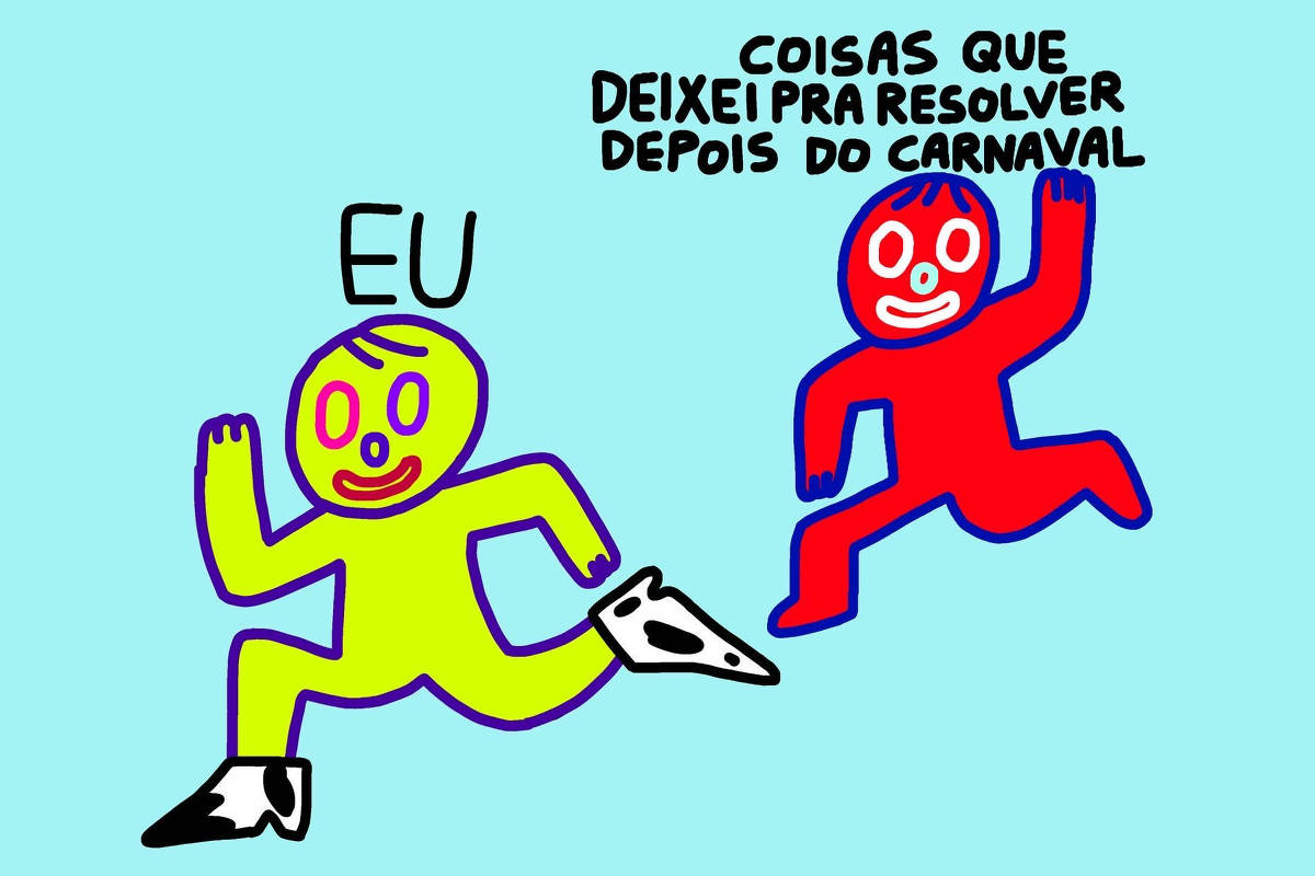 A imagem apresenta dois personagens estilizados, um amarelo e um vermelho, correndo. O personagem amarelo tem a palavra 'EU' escrita acima de sua cabeça. O texto em cima diz: 'COISAS QUE DEIXEI PRA RESOLVER DEPOIS DO CARNAVAL'. O fundo é azul.