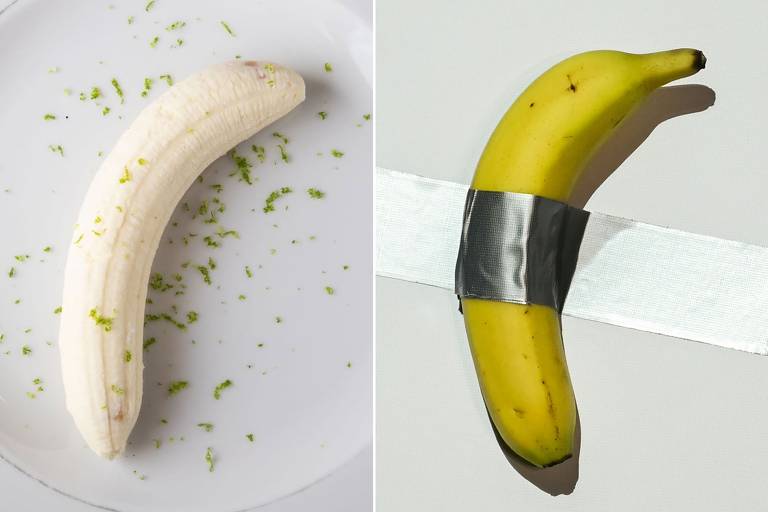 A imagem é dividida em duas partes. À esquerda, há uma banana descascada, branca, colocada em um prato com raspas de limão ao redor. À direita, uma banana inteira, amarela, está envolta em fita adesiva preta, posicionada sobre uma superfície clara.
