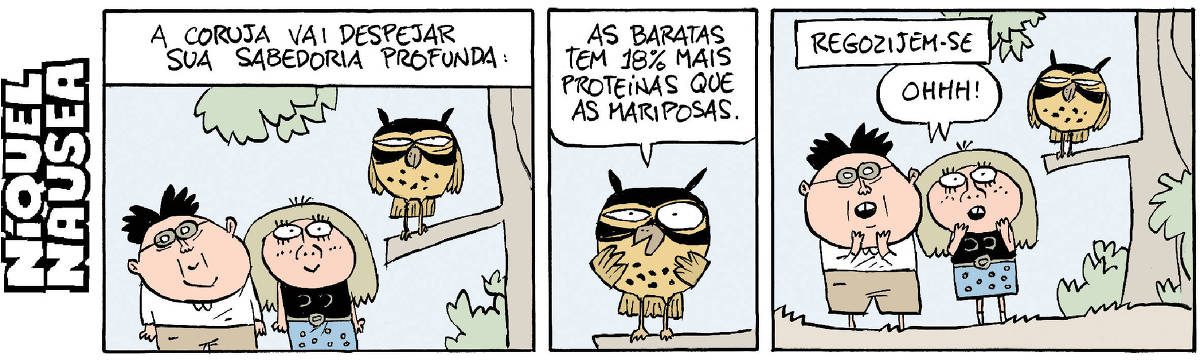 Quadrinho 01- Legenda: A coruja vai despejar sua sabedoria profunda. Um casal observa uma coruja pousada em um galho de árvore.  Quadrinho 02- Close na coruja. Ela diz: As baratas têm 18% mais proteínas que as mariposas.  Quadrinho 03- Legenda: Regozijem-se. O casal exclama: Ohhh!