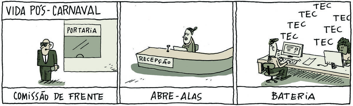 A tirinha Bicudinho, publicada em 13/03/25, dividida em 3 quadrinhos, traz o título VIDA PÓS CARNAVAL. No quadrinho 1, há um segurança em frente a uma portaria. Abaixo, a legenda: Comissão de frente. No quadrinho 2, há uma recepcionista sentada atrás de um balcão de recepção. Abaixo, a legenda: Abre-alas. No quadrinho 3, dois funcionários sentados em uma bancada, digitam nos teclados de seus computadores: tec tec tec... Abaixo, a legenda: Bateria.