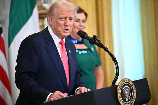 US President Donald Trump and Irish Prime Minister Micheal Martin participate in a St. Patrick's Day Reception