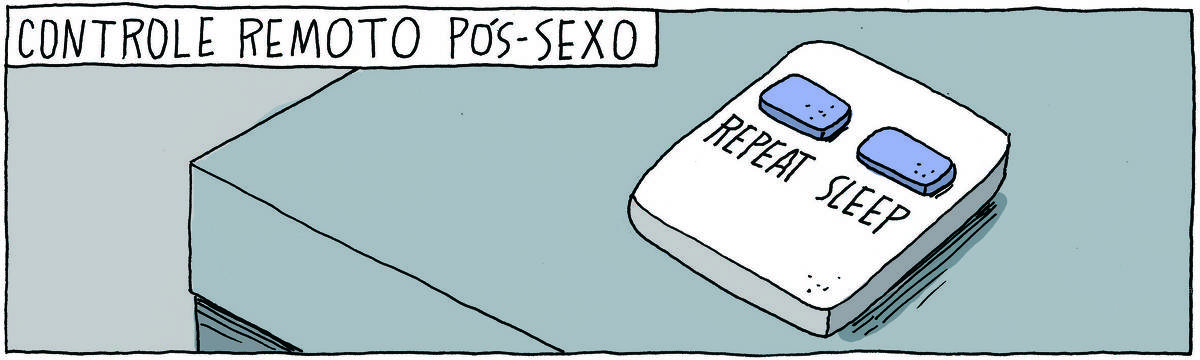 A tirinha Bicudinho, publicada em 14/03/25, traz o título: Controle remoto pós- sexo. Ao lado, sobre uma mesinha, há um controle remoto com duas funções: Repeat e Sleep.