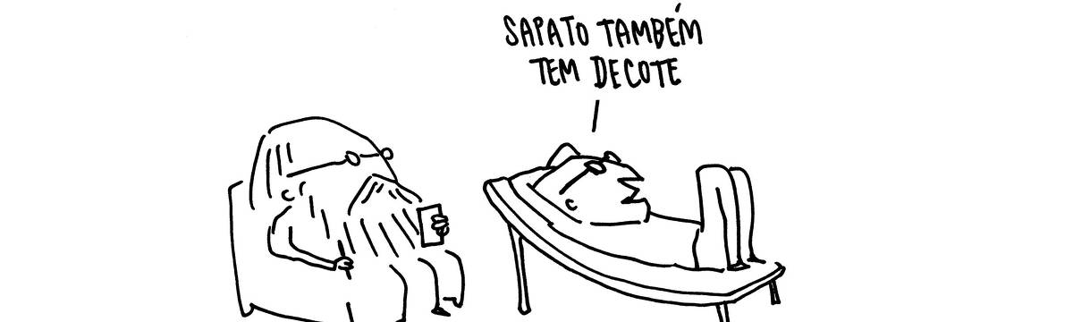 A tira de André Dahmer, publicada em 15.03.2024, tem apenas um quadrinho. Nele, um homem está deitado em um divã. Seu psicólogo o observa. O homem diz: "Sapato também tem decote".