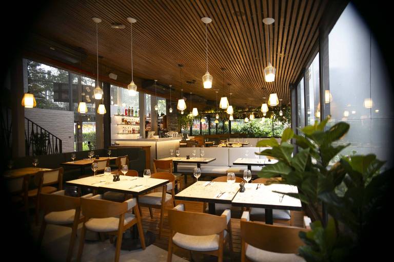 A imagem mostra o interior de um restaurante moderno, com mesas e cadeiras dispostas de forma organizada. O ambiente é iluminado por lâmpadas pendentes e possui um teto de madeira com ripas. Ao fundo, há um bar com prateleiras e garrafas. Plantas decorativas estão visíveis, contribuindo para a atmosfera acolhedora.