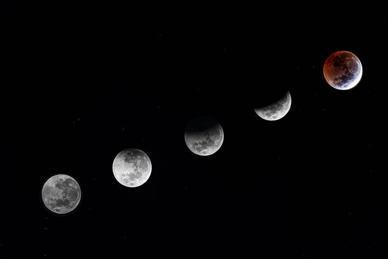 A imagem mostra a sequência das fases da lua, desde a lua cheia à esquerda, passando pela lua minguante e crescente, até a lua cheia eclipsada à direita, em um fundo preto.