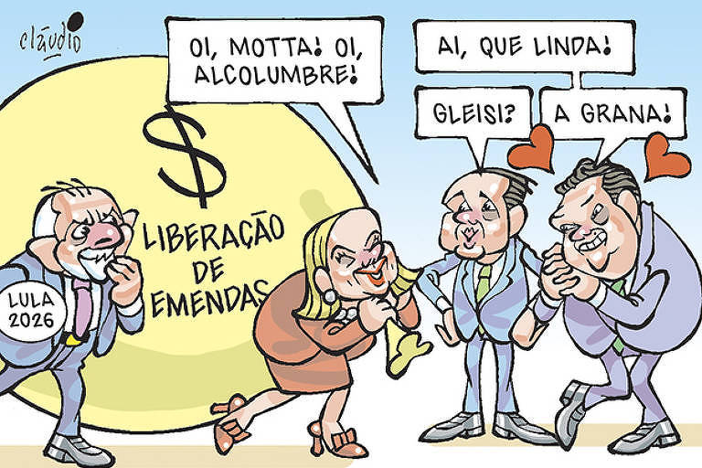 A charge mostra Lula observando a ministra das Relações Institucionais, Gleisi Hoffmann, que carrega nas costas um grande saco de dinheiro com um grande cifrão e as palavras “Liberação de emendas”. Gleisi Hoffmann cumprimenta o senador Davi Alcolumbre e o deputado Hugo Motta, presidentes do Senado e da Câmara:  - Oi, Motta! Oi, Alcolumbre!  De Alcolumbre saem dois corações. Ele exclama com as mãos postas:  - Ai, que linda!  Motta pergunta:  - Gleisi?  Alcolumbre responde:  - A grana!