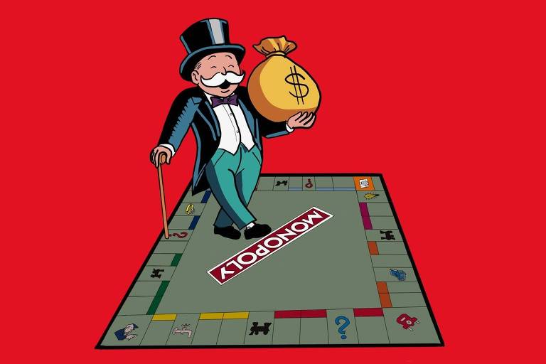 A imagem mostra um personagem vestido de forma elegante, com um chapéu alto e um bigode, segurando um saco de dinheiro. Ele está posicionado sobre um tabuleiro de Monopoly, que tem a palavra 'Monopoly' em destaque. O fundo da imagem é vermelho.