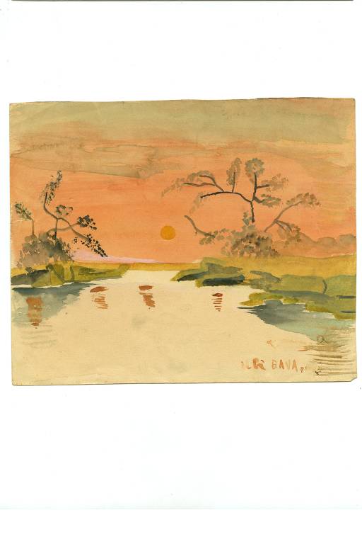 A imagem mostra uma pintura em aquarela de uma paisagem ao entardecer. O céu é de um tom laranja suave, com um sol laranja visível. No primeiro plano, há um corpo d'água refletindo as cores do céu, cercado por vegetação e árvores esqueléticas em ambos os lados. A cena transmite uma sensação de tranquilidade.