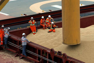 FILE PHOTO: Employees working at cargo ship Kypros Land which is loading soybeans to China at Tiplam terminal in Santos