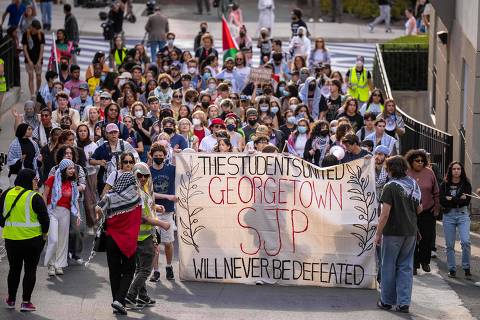 WASHINGTON, DC - SEPTEMBER 4: Georgetown students march during an on-campus protest in support of Palestine at Georgetown University on September 4, 2024 in Washington, DC. Student protests have continued on university campuses to demand that institutions of higher education divest from companies and endowments with ties to Israel, amid Israel's continued war with Gaza.   Andrew Harnik/Getty Images/AFP (Photo by Andrew Harnik / GETTY IMAGES NORTH AMERICA / Getty Images via AFP)