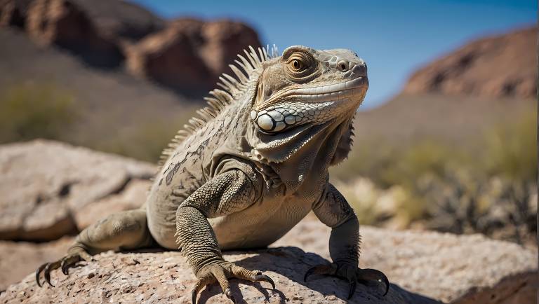 A imagem mostra uma iguana em um ambiente rochoso, com um fundo de montanhas e céu claro. A iguana está posicionada sobre uma pedra, com a cabeça levantada e uma expressão curiosa. Seu corpo é robusto, com escamas visíveis e espinhos ao longo da coluna.