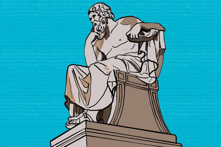 A imagem mostra uma representação estilizada de uma estátua de Sócrates, um filósofo grego. Ele está sentado em um pedestal, com a mão apoiada no queixo, refletindo. A estátua é esculpida em um tom claro, com detalhes em marrom, e o fundo é de uma cor azul vibrante.