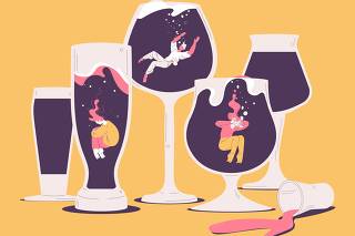 People suffering from hard drinking. Concept illustration with depressed characters sink in various alcohol glasses. Alcoholism effects
