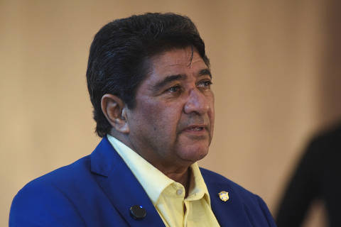 Brazilian Football Confederation President Ednaldo Rodrigues talks to media, after coach Dorival Jr, has been sacked, at the CBF headquarters in Rio de Janeiro, Brazil, March 28, 2025. REUTERS/Tita Barros ORG XMIT: LIVE