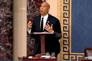 U.S. Senator Booker delivers speech protesting Trump administration policies from the floor of the U.S. Senate in Washington