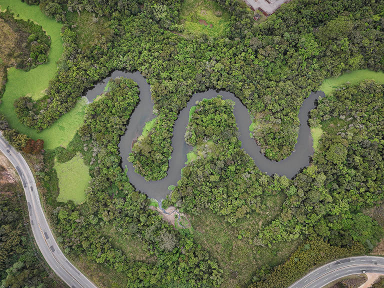 A imagem mostra uma vista aérea de um rio sinuoso cercado por densa vegetação verde. O rio apresenta curvas suaves e é rodeado por áreas de vegetação variada， incluindo árvores e arbustos. Na parte inferior da imagem， há uma estrada que se estende ao longo da margem do rio.