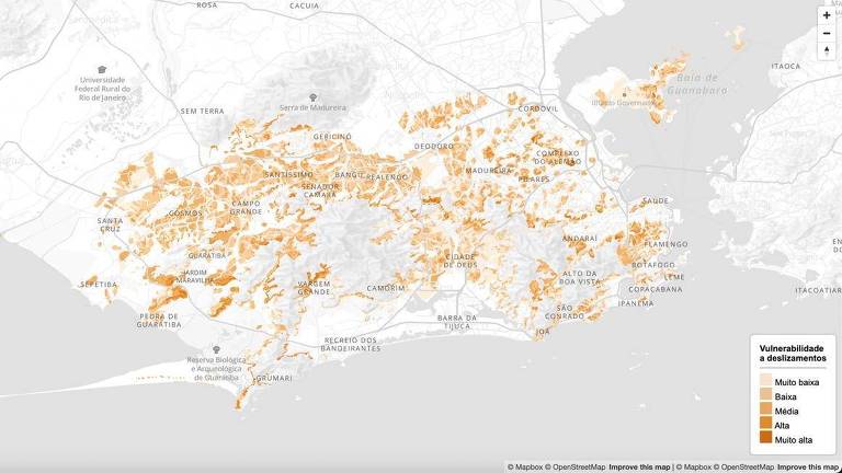 O mapa apresenta uma representação geográfica de áreas com diferentes níveis de vulnerabilidade a desastres， utilizando uma paleta de cores em tons de laranja. As áreas são categorizadas em 039;Muito Baixa039;， 039;Baixa039;， 039;Média039; e 039;Alta039; vulnerabilidade. O fundo do mapa é em tons de cinza claro， destacando as regiões vulneráveis.
