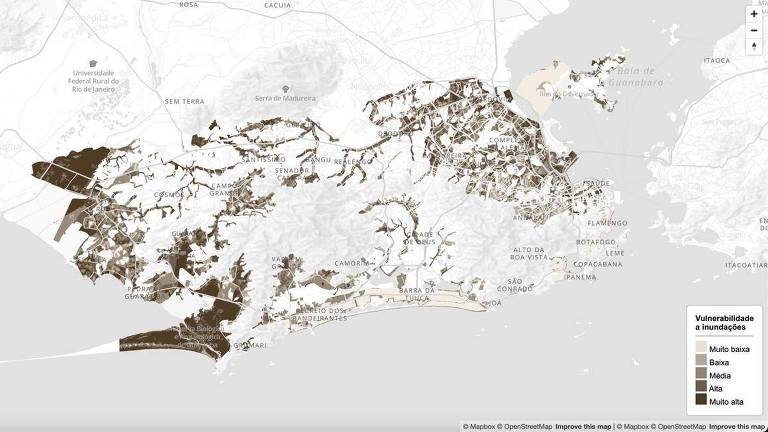 O mapa apresenta uma representação geográfica de áreas com diferentes níveis de vulnerabilidade e urbanização. As áreas são destacadas em tons de marrom e branco， indicando níveis variados de vulnerabilidade， com legendas que classificam as regiões como 039;Baixa039;， 039;Média039; e 039;Alta039; vulnerabilidade. O mapa inclui também linhas que representam estradas e limites geográficos.