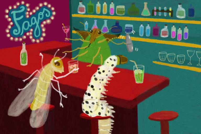 A imagem mostra um bar animado onde insetos estão sentados em bancos. Um inseto semelhante a uma mosca está à esquerda， segurando um copo. No centro， há uma lagarta com manchas pretas e brancas， também com um copo. À direita， um inseto verde está servindo uma bebida. O fundo é decorado com prateleiras cheias de frascos coloridos e uma placa iluminada com a palavra 039;Fagas039;.