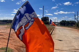 Orania flags resembling the colors of apartheid era flag flutter in Orania