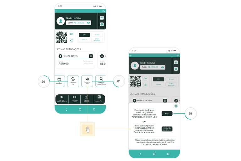 A imagem mostra duas telas de um aplicativo de transações financeiras em dispositivos móveis. A tela da esquerda exibe um código QR, informações de saldo e opções de transação. A tela da direita apresenta detalhes de uma transação específica, incluindo um código QR e instruções. Ambas as telas têm um design moderno com botões e ícones claros.
