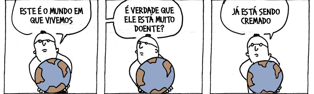 A tira de André Dahmer, publicada em 05.04.2024, tem três quadrinhos. No primeiro, um homem segura o planeta Terra. Ele diz: "Este é o mundo em que vivemos". No segundo quadrinho, alguém fora de cena pergunta: "É verdade que ele está muito doente?". No terceiro e último quadro, o homem que segura o planeta responde: "Já está sendo cremado".