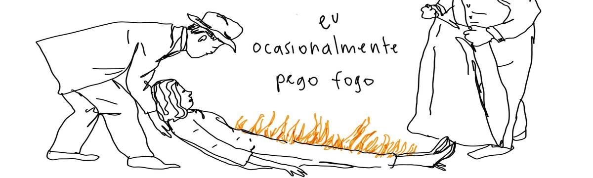 A tirinha de Estela May, publicada em 05/04/25, traz uma mulher no chão em chamas, um homem a segura pelas costas e outro vem em sua direção com um casaco. No meio, “eu ocasionalmente pego fogo”.
