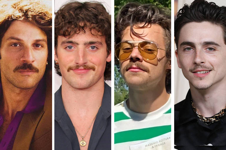 A imagem apresenta quatro retratos de homens com bigode. O primeiro homem usa um terno escuro e uma camisa roxa. O segundo tem cabelo cacheado e usa uma camisa preta. O terceiro homem está ao ar livre, usando óculos de sol e uma camiseta listrada. O quarto homem tem cabelo escuro e usa uma camisa preta com um colar. Todos os homens têm expressões faciais variadas.