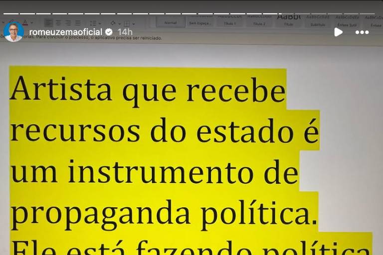 Artista que usa verba pública faz propaganda política, não arte, posta Romeu Zema