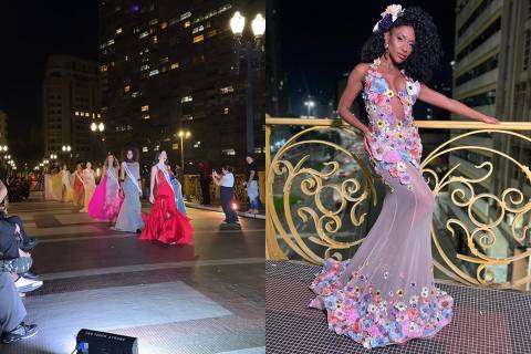 Misses paulistas desfila no Viaduto Santa Ifigênia; à direita, a atual Miss São Paulo, Karol Morais