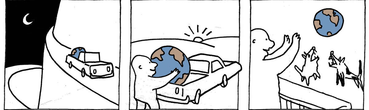 A tira de André Dahmer, publicada em 11.04.2024, tem três quadrinhos. No primeiro, um carro dirige por uma estrada à noite. Ele tem em seu bagageiro o planeta Terra. No segundo quadrinho, amanhece. O motorista aparece descarregando o mundo de dentro do carro. No terceiro e último quadro, o homem dá o planeta para cães ferozes.