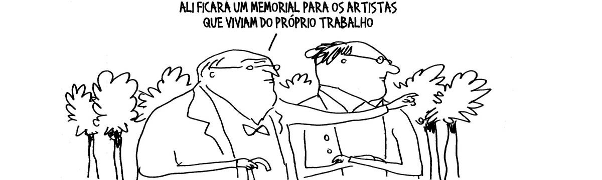 A imagem é uma ilustração em estilo de cartoon que mostra dois homens conversando em um ambiente ao ar livre, possivelmente em um parque. Um dos homens, que usa um terno e um chapéu, está apontando para um local, enquanto o outro, que usa óculos e uma camisa clara, observa atentamente. Ao fundo, há algumas árvores. O texto acima da imagem diz: 'ALI FICARÁ UM MEMORIAL PARA OS ARTISTAS QUE VIVIAM DO PRÓPRIO TRABALHO'.