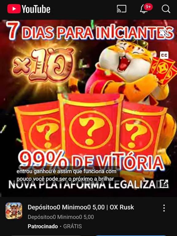 A imagem mostra um anúncio no aplicativo YouTube. O fundo é predominantemente escuro, e no topo há um texto em destaque que diz '7 DIAS PARA INICIANTES x10'. Abaixo, há três caixas com interrogações e um texto que afirma '99% DE VITÓRIA'. Na parte inferior, há uma mensagem que diz 'NOVA PLATAFORMA LEGALIZADA'.