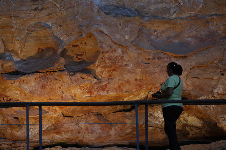 A imagem mostra uma mulher em pé, observando pinturas rupestres em uma parede de caverna. As pinturas são de várias formas e figuras, incluindo representações de animais e símbolos, em tons de vermelho e marrom. A mulher está segurando uma câmera e usa uma camiseta verde, enquanto uma grade de proteção está visível na frente.