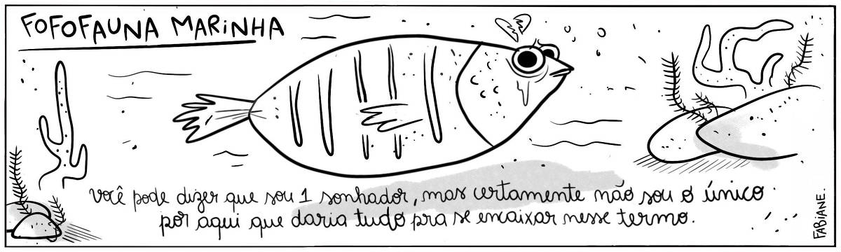 A tira Viver Dói, de Fabiane Langona, publicada em 17/04/25 intitulada "Fofofauna Marinha”, é composta por um único quadro horizontal. Nele, vemos um peixe nadando no fundo do mar, onde vemos elementos subaquáticos, como algas marinhas, rochas e plânctons. O peixe está de perfil. Ele tem grandes olhos trêmulos e emotivos e acima de sua cabeça vê-se um coração partido.  No quadrinho 1, fazendo um discreto trocadilho com uma frase da canção “Imagine” de John Lennon, o peixe diz: “Você pode dizer que sou um sonhador, mas certamente não sou o único por aqui que daria tudo para se encaixar nesse termo.”