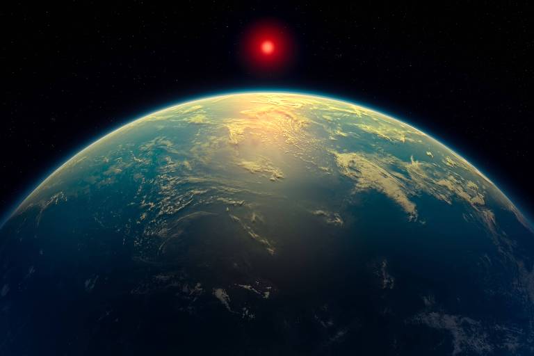 A imagem mostra uma vista da Terra a partir do espaço, com a superfície do planeta visível em tons de azul e verde. No horizonte, há um sol vermelho brilhante, contrastando com o fundo escuro do espaço. Estrelas podem ser vistas ao redor, criando um ambiente cósmico.