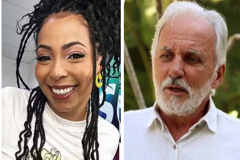A imagem apresenta três pessoas em retratos separados. À esquerda, um homem com óculos e bigode, vestindo uma camisa branca. No centro, uma mulher com cabelo cacheado e longo, usando uma camiseta branca com uma estampa floral. À direita, um homem mais velho com cabelo e barba brancos, vestindo uma camisa clara. O fundo varia entre um ambiente interno e um externo.
