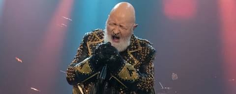 Lead vocalist Rob Halford of British heavy metal band Judas Priest performs on stage during their 