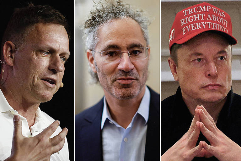A imagem apresenta três homens em diferentes poses. O homem à esquerda está gesticulando com a mão, enquanto fala. O homem no centro tem cabelo grisalho e usa óculos, olhando para a câmera. O homem à direita está com as mãos unidas em uma pose pensativa e usa um boné vermelho com a frase "TRUMP WAS RIGHT ABOUT EVERYTHING". O fundo é neutro, focando nos indivíduos.