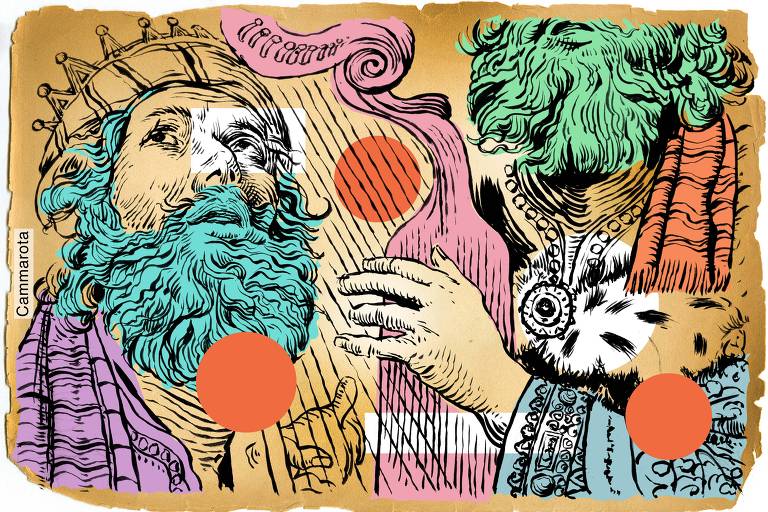 A ilustração de Ricardo Cammarota foi executada em técnica manual, com pincél e nanquim sobre papel. Depois foi escaneada e colonizada digitalmente. Na horizontal, proporção 13,9cm x 9,1cm, a Ilustração colorida com traços de gravura antiga e efeitos gráficos contemporâneos. À esquerda, figura masculina de perfil levemente voltado para cima, com barba longa e ondulada em azul claro, coroa na cabeça e manto roxo. Ao centro, uma harpa estilizada em rosa, com cordas finas verticais. À direita, outra figura masculina com barba verde, usando vestes decoradas com padrões detalhados em azul e vermelho, colar com pingente redondo e manto com detalhes de pele. Há três círculos sólidos em laranja cobrindo partes da imagem um sobre o peito da figura à esquerda, outro sobre a harpa, e o terceiro na parte inferior direita. Também há retângulos brancos translúcidos aplicados sobre trechos do rosto e da roupa. O fundo é bege com bordas irregulares, simulando papel envelhecido.