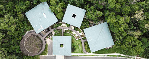 SAO PAULO, SP, BRASIL. - 27/03/2025 - Imagem de drone das instalações do laboratório entre as arvores do instituto. Materia sobre o novo Laboratório de Ecologia e Evolução de Serpentes do Instituto Butantan para estudo da reprodução e comportamento de cobras e animais peçonhentos  - (foto: Rubens Cavallari/Folhapress,Ciência) * * * EXCLUSIVO * * *