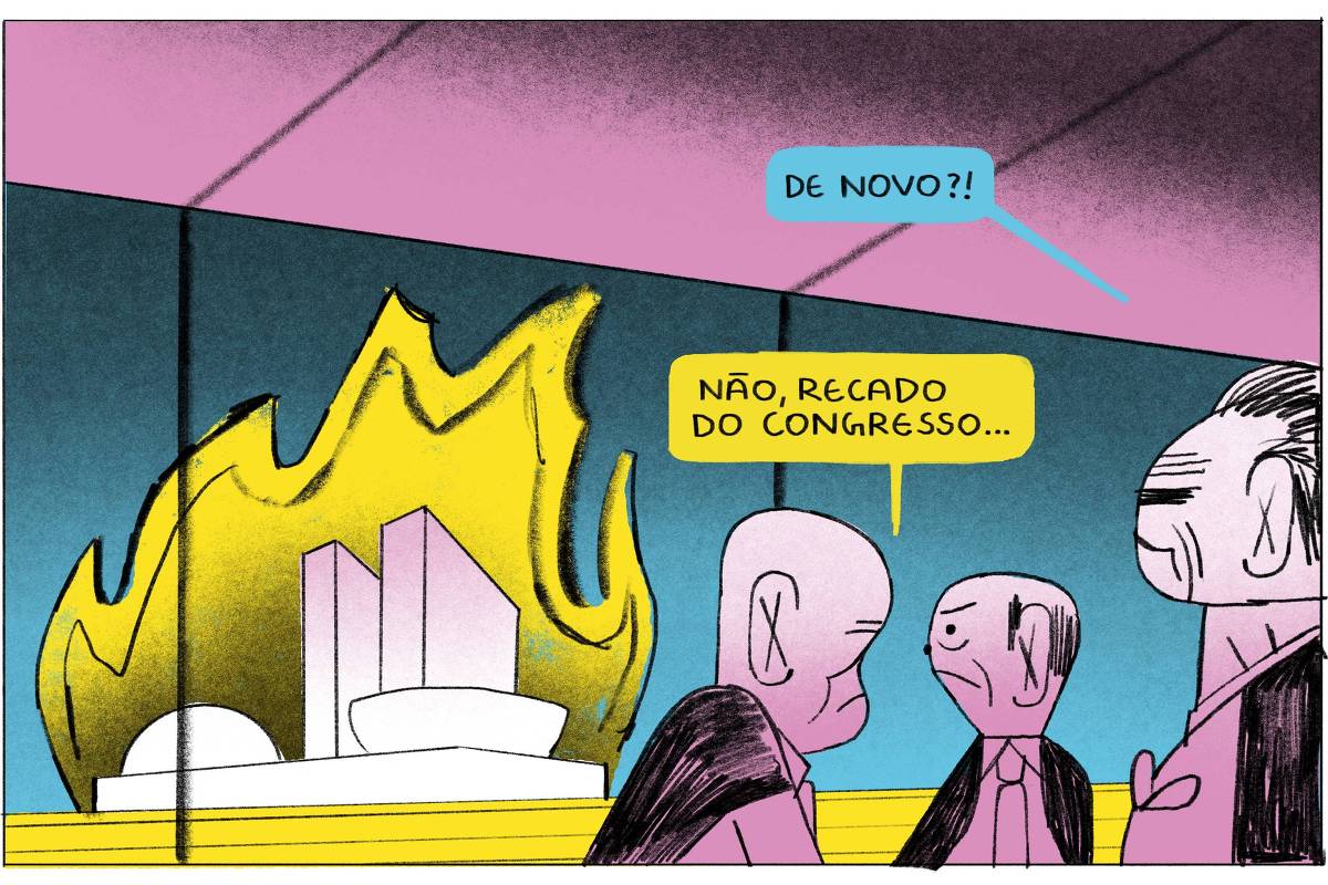 A imagem mostra uma cena de uma reunião com três personagens em primeiro plano, todos com expressões de preocupação. Ao fundo, há uma representação estilizada de um edifício em chamas, que parece ser o Congresso Nacional do Brasil. Um dos personagens diz 'De novo?!' e outro responde 'Não, recado do Congresso...'. O ambiente é colorido, com tons de rosa e azul.