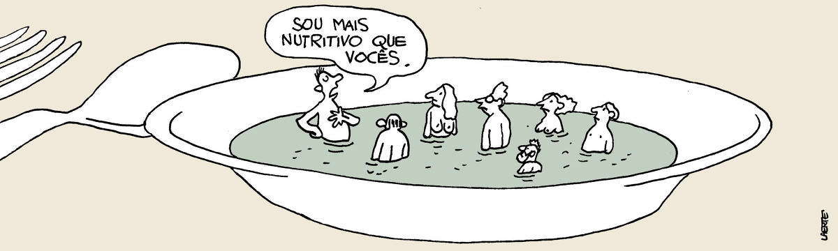 Um enorme prato fundo, ao lado de colher e garfo, contendo um tipo de sopa. Dentro da sopa, algumas pessoas, homens e mulheres, nus. Um deles põe a mão no peito e declara: “Sou mais nutritivo que vocês”.