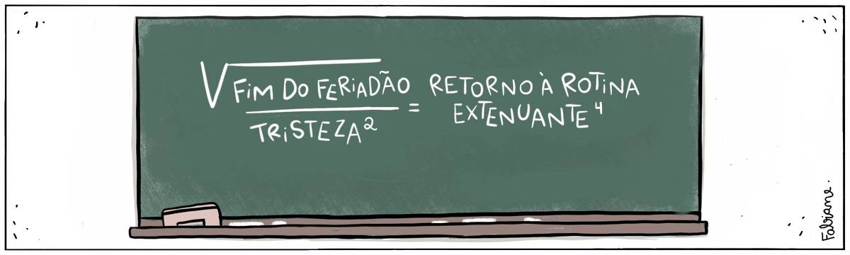 A tira Viver Dói, de Fabiane Langona, publicada em 22/04/25 é composta por um único quadro horizontal. Nele vemos um a um quadro negro porem verde, escolar. Na base do quadro em um suporte, vemos  giz e apagador.  No quadro há uma fórmula escrita, que utiliza a matemática para expressar algumas emoções relacionadas ao fim do um feriado e ao retorno à rotina.    No quadrinho 1, a equação diz: “Raiz quadrada de fim do feriado sobre tristeza ao quadrado igual a retorno à rotina extenuante ao cubo. 