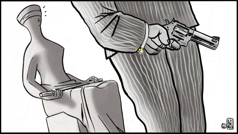 Ilustração da estátua 'A Justiça', de Brasília, sendo intimidada de perto por um sujeito gigantesco. Não o vemos inteiramente, ele está de costas para nós, mas vemos que segura atrás do corpo seu grande revólver e também vemos que é poderoso e rico pelo seu caro terno riscado, seu anel precioso e suas abotoaduras douradas. Tudo neste personagens indica um gangster.