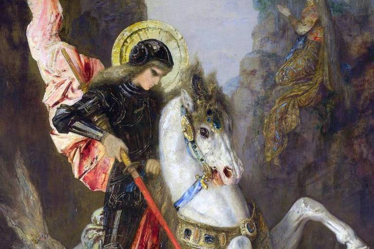 A imagem retrata São Miguel Arcanjo montado em um cavalo branco. Ele está vestido com uma armadura negra e uma capa vermelha, segurando uma espada vermelha. Ao fundo, há uma paisagem rochosa e uma figura angelical à direita, com vestes douradas e uma aura luminosa. O céu é claro, com tons suaves.