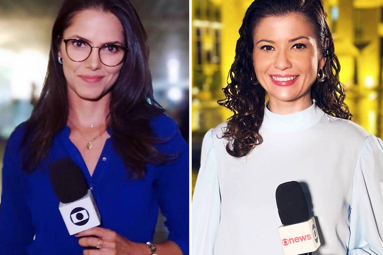 A imagem apresenta duas jornalistas em ambientes diferentes. À esquerda, uma mulher com cabelo solto e óculos, vestindo uma blusa azul, segura um microfone. À direita, outra mulher com cabelo cacheado, usando uma blusa clara, também segura um microfone. Ambas estão sorrindo e parecem estar em locais de reportagem.