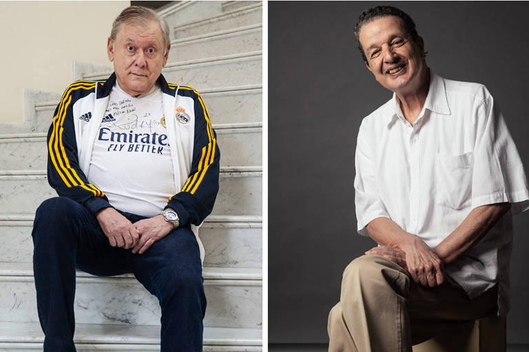 A imagem é dividida em duas partes. À esquerda, um homem idoso está sentado em uma escada, vestindo uma camiseta do Real Madrid com listras amarelas e um relógio no pulso. À direita, um homem mais velho está sentado em uma cadeira, sorrindo, vestindo uma camisa branca e calças claras. O fundo é neutro e escuro, destacando os dois retratos.